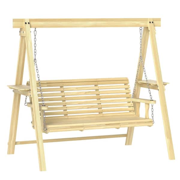 3-Seat Porch Swing with Stand, Wooden Patio Swing Chair with Side Tables and Metal Chains