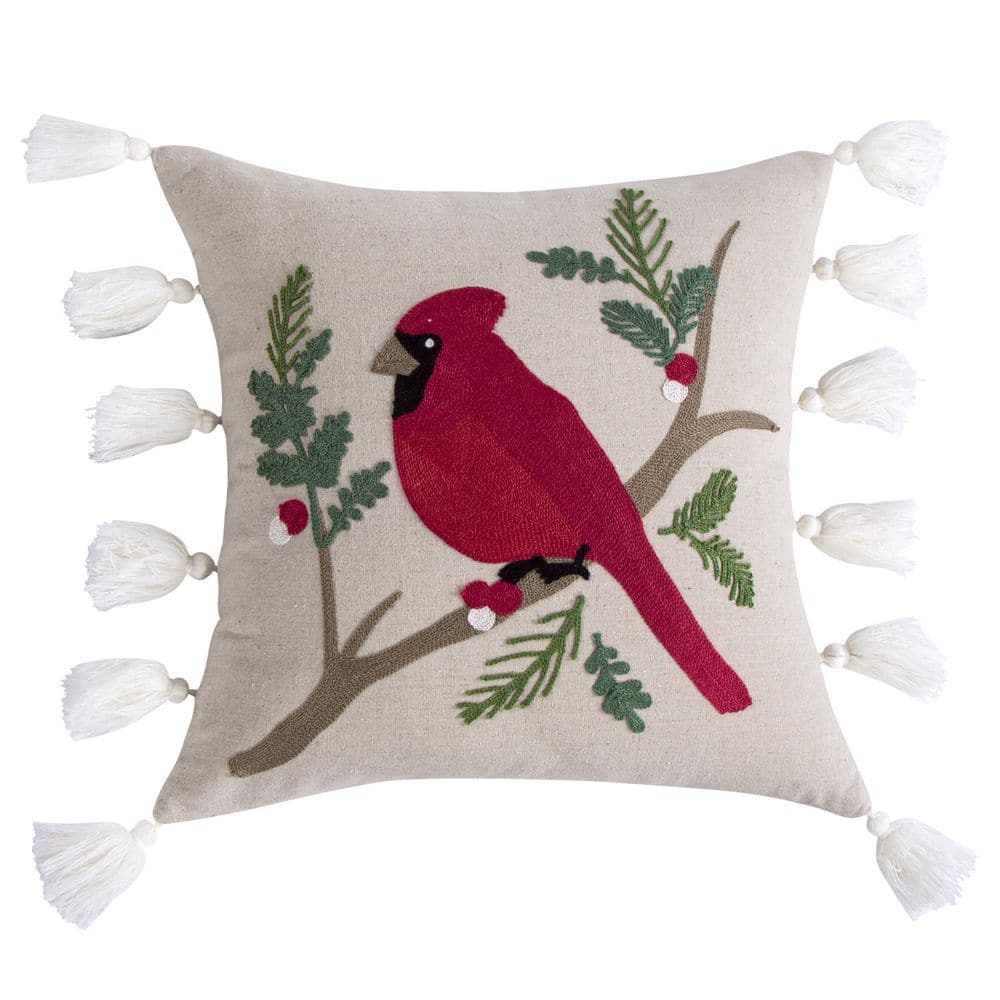 Embroidered Cardinal Bird Faux Linen Tassel Pillow 18x18