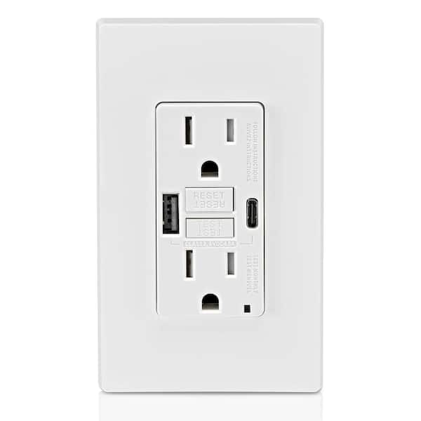 15 Amp SmartlockPro Self-Test GFCI Combination 24-Watt (4.8 Amp) Type A/C USB In-Wall Charger Duplex Outlet, White