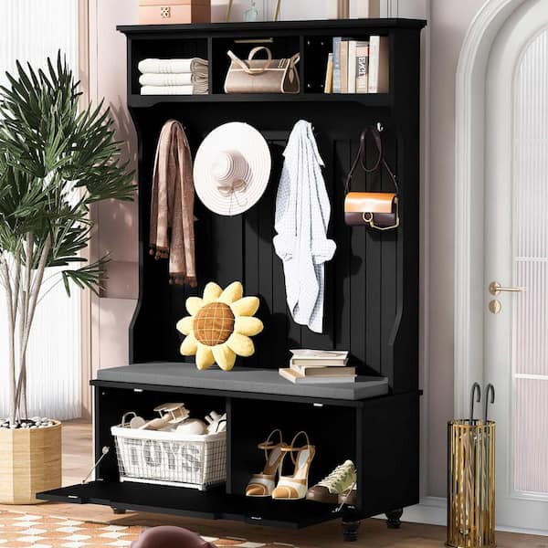 Polibi 4 in 1-Entryway Bench with Coat Rack, Cushion and 4-Sturdy Hooks, 47.2 in. Wide Hall Tree with Storage Bench, Black