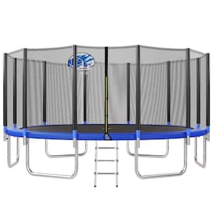16 ft. Outdoor Round Kids Recreational Trampoline w/ Safety Fence Net Basketball Hoop and Ladder for Lawn Backyard Blue