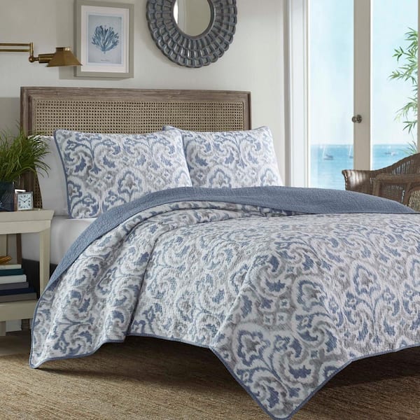 Cape Verde 3-Piece Blue Geometric Cotton King Quilt Set