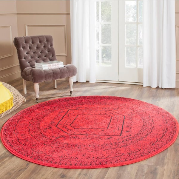 Adirondack Red/Black 4 ft. x 4 ft. Border Medallion Round Area Rug