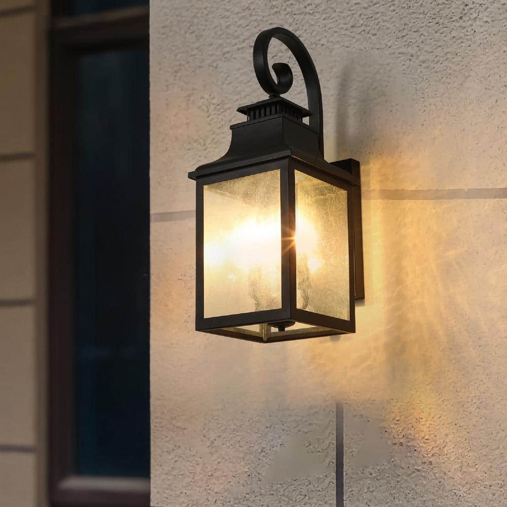 2-Light Black Indoor/Outdoor Ground Glass Hardwired Wall Lantern Sconce, Bu