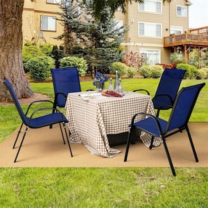 Steel Stackable Armrest Outdoor Dining Chairs in Navy Set of 4