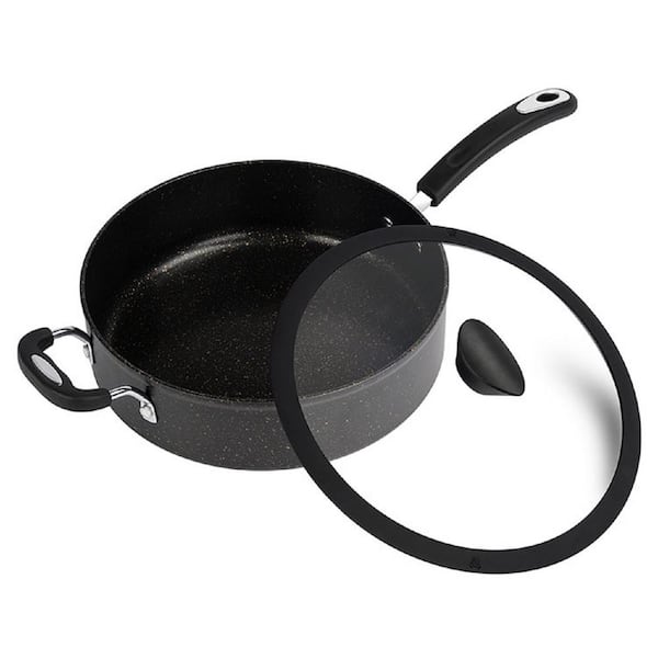 Adrinfly 5.3 qt. Stone Layered with Aluminum Core Nonstick Saucepan in Obsidian Gold with Silicone Coated Handle and Glass Lid