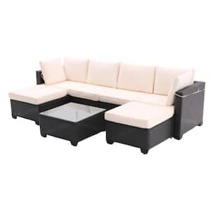 Dark Coffee 7-Pcs. Wicker Outdoor Sectional Set with Beige Cushions PE Rattan and Steel Frame With Cushions (Box 1 of 2)