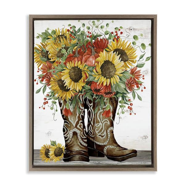 Stupell Industries Sunflowers in Western Boots by Cindy Jacobs Brown Floater Frame Nature Graphic Art Print 31 in. x 25 in.