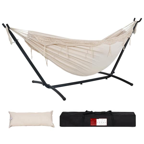 AURA OUTDOOR 9 ft. Fabric Double Hammock with Steel Stand, Portable Carrying Case and Pillow, 450 lbs. Capacity, Beige With Lace