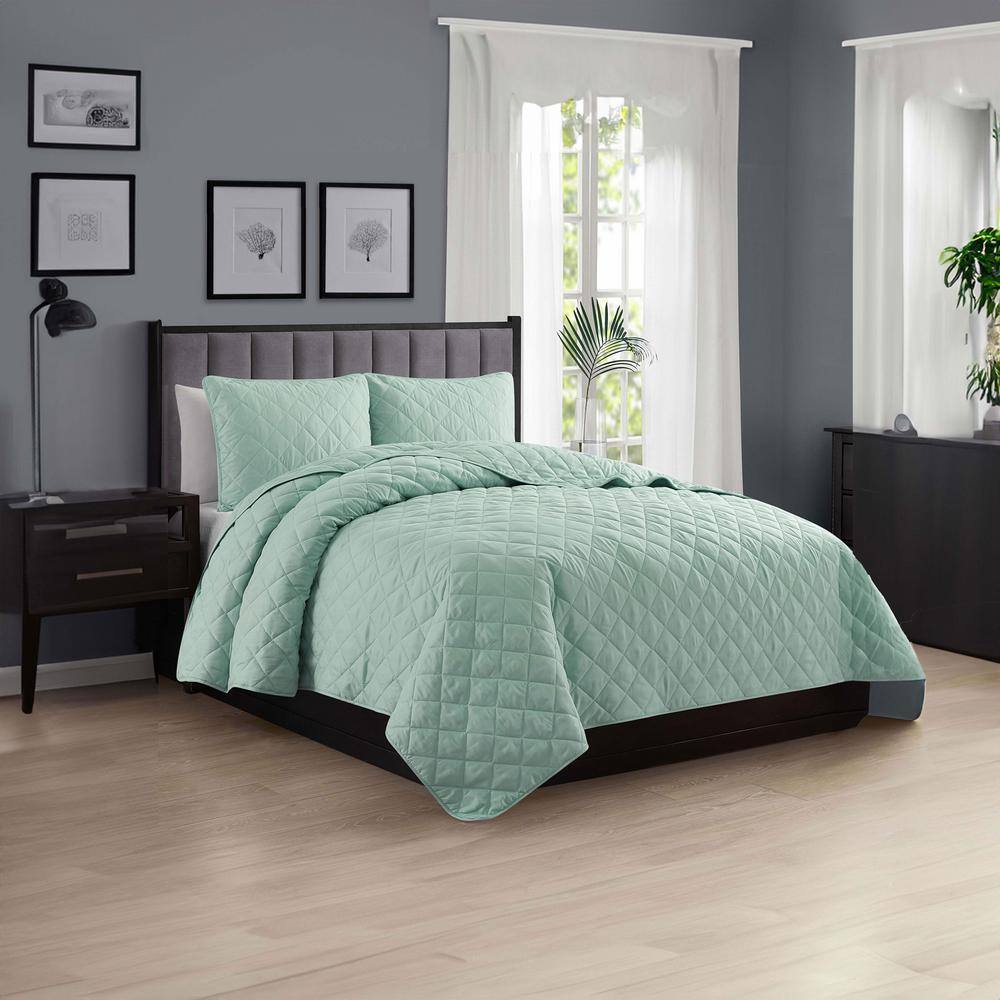 Sage Green Microfiber Diamond Stitched Full Quilt Set