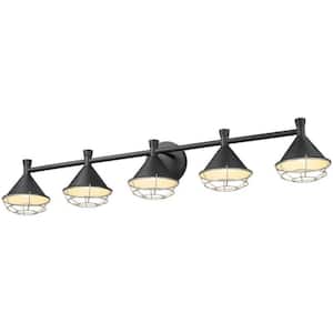 40.6 in. 5-Light Black Finish LED Dimmable Industrial Vanity Light with Metal Shade