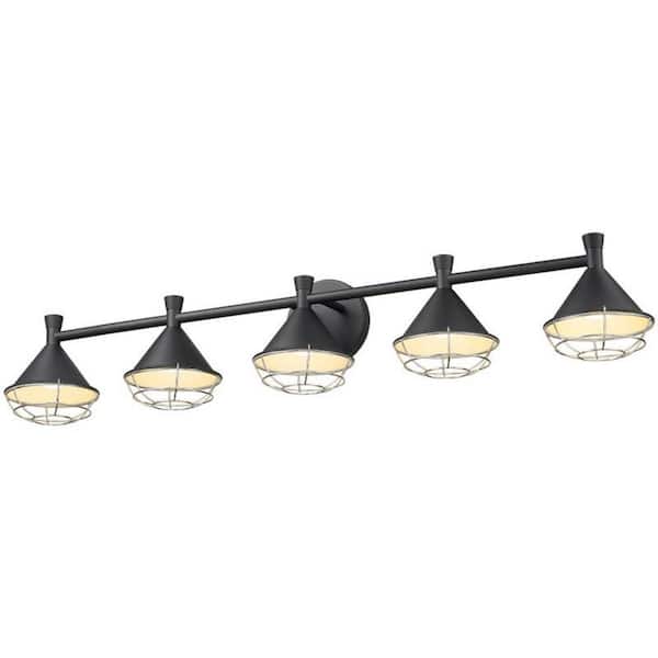 JAZAVA 40.6 in. 5-Light Black Finish LED Dimmable Industrial Vanity Light with Metal Shade