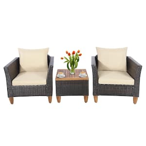 3-Piece Wicker Patio Conversation Set Wooden Table Top with Beige Cushions