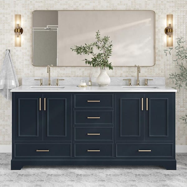 ARIEL Stafford 73 in. W x 22 in. D x 35.25 in. H Double Sink Bath Vanity in Midnight Blue with Carrara White Marble Top
