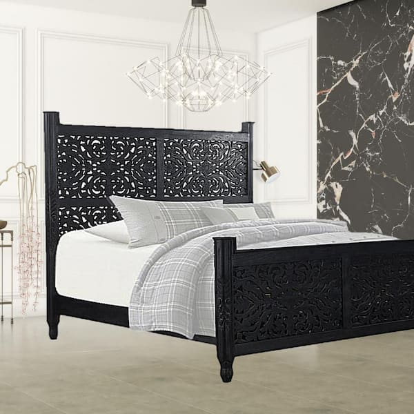 HomeRoots Bernadette Black Wood Frame King Panel Bed with Solid Wood Carved