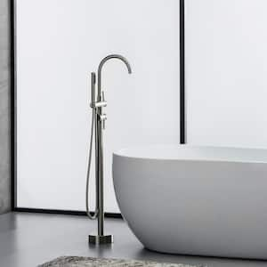 2-Handle Freestanding Floor Mount Tub Faucet with Hand Shower in Brushed Nickel