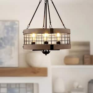 Black and Grey Wood Farmhouse Chandelier for Dining Room, 4-Light Pendant Kitchen Island Lighting,for Entryway Bedroom