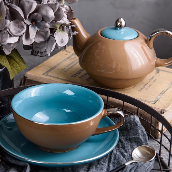 Artvigor 1-Piece Porcelain Teapot Brown Tea Pot Teacup and Saucer
