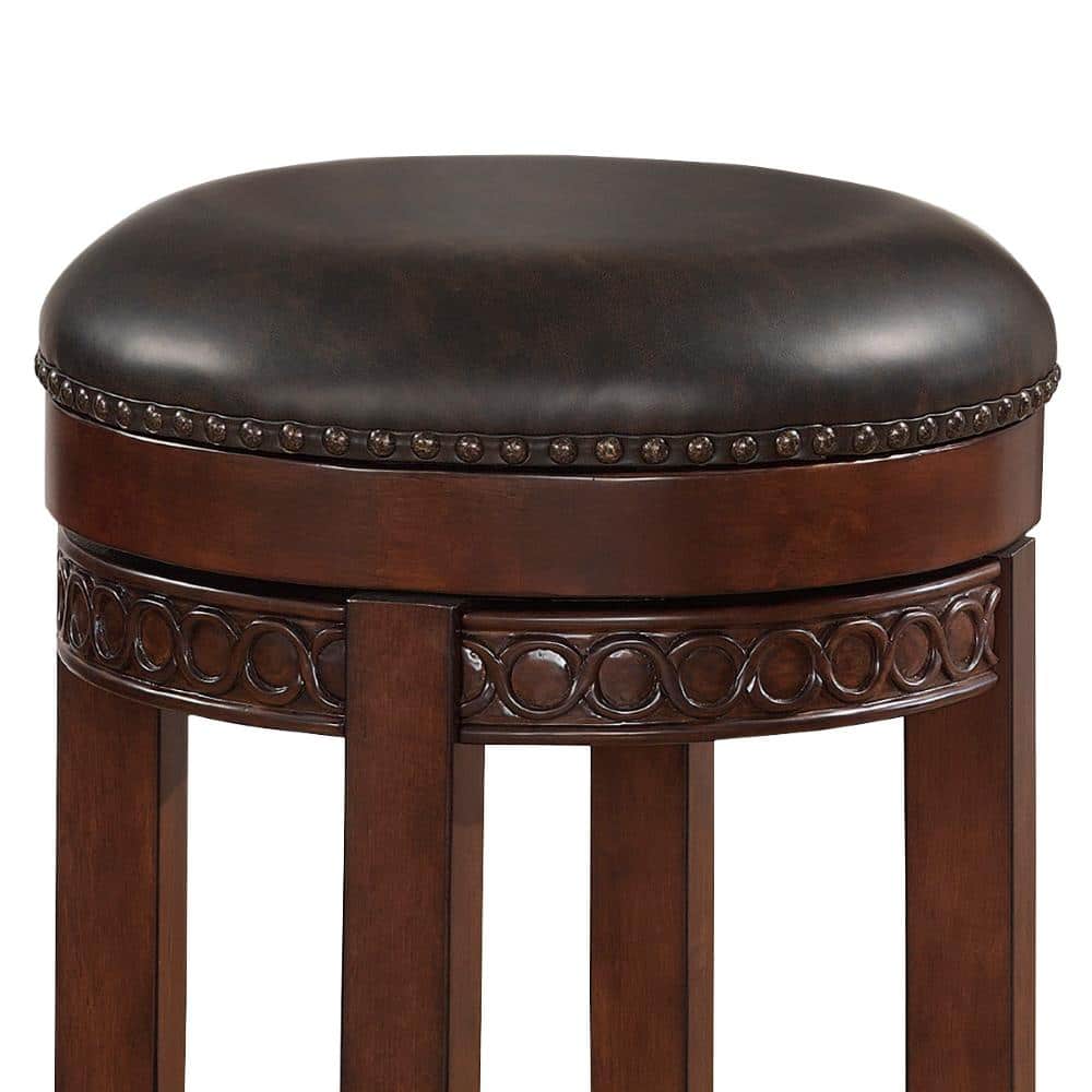 Cherry Finish Backless Swivel Counter Stool with Brown Leather Cushion