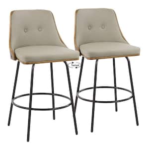Gianna 26 in. Lt. Grey Faux Leather, Walnut Wood and Black Metal Counter Height Bar Stool with Round Footrest (Set of 2)