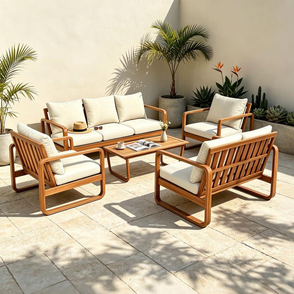 Renalyn 5-Piece Acacia Wood Outdoor Patio Conversation Set with Beige Cushions and Coffee Table, Teak Finish price history on PriceWatchPro