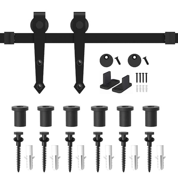 WINSOON 7.5 ft. Black Heavy-Duty Steel Rolling Barn Door Hardware Kit for Single Wood Door with Non-Routed Floor Guide