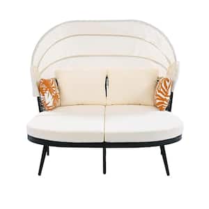 2 Person Black Metal Patio Outdoor Day Bed with Beige Cushions and Throw Pillows