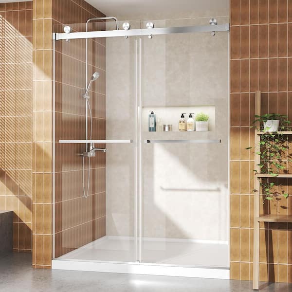 56-60 in.W x 76 in.H Double Sliding Frameless Shower Door,3/8 in.(10mm)Tempered Glass,Stainless Steel,Brushed Nickel