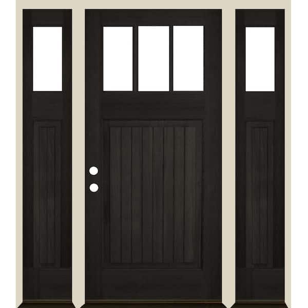 64 in. x 80 in. Craftsman 3-Lite Clear Glass VG Black Stain Right Hand Hemlock Wood Prehung Front Door w/DSL