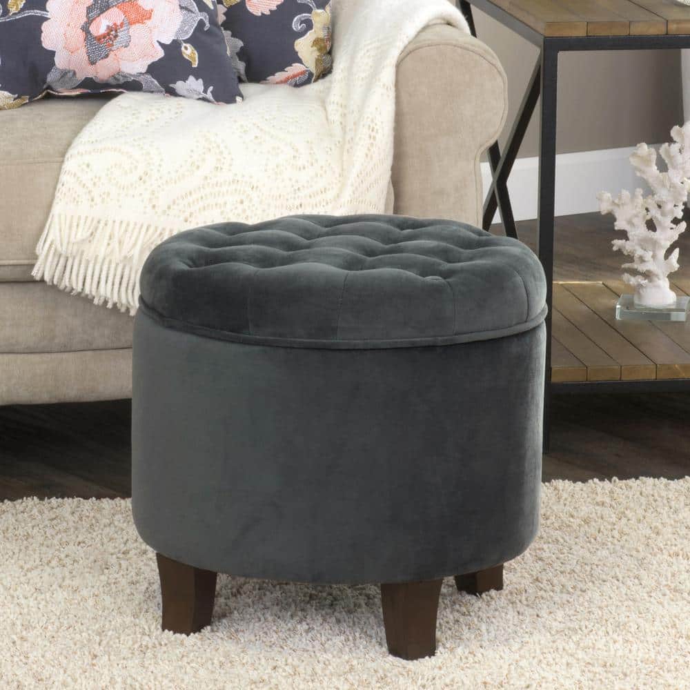Dark Gray Velvet Tufted Round Storage Ottoman