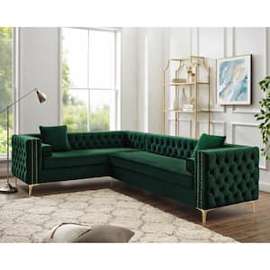 Olivia Hunter Green/Silver Velvet 4-Seater L-Shaped Left-Facing Sectional Sofa with Nailheads