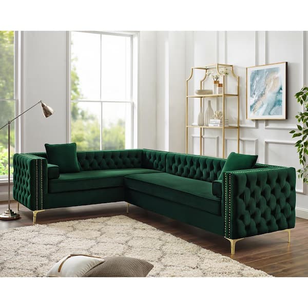 Inspired Home Olivia Hunter Green/Silver Velvet 4-Seater L-Shaped Left-Facing Sectional Sofa with Nailheads