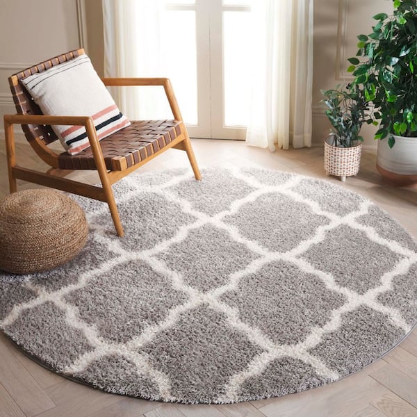 Tahoe Shag 7 ft. x 7 ft. White/Silver Trellis Diamond Round Area Rug