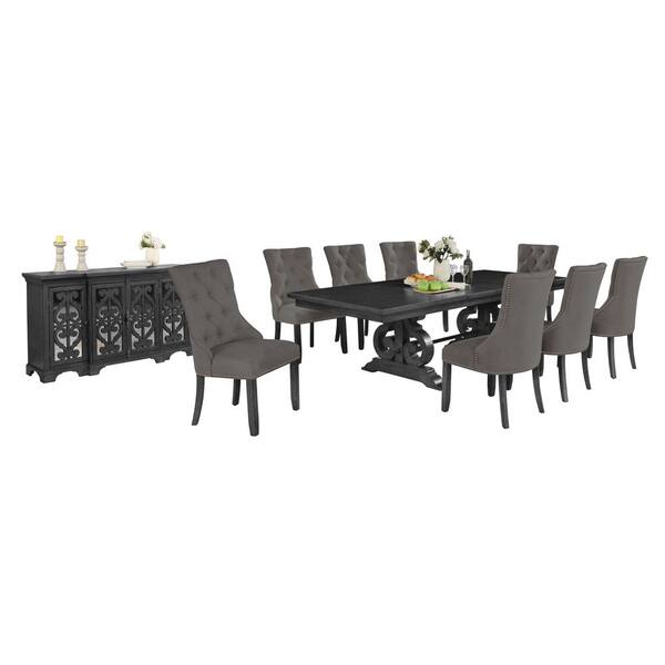 Best Quality Furniture Jade 10-Piece Rectangle Gray Dining Set with Gray Linen Fabric and Server