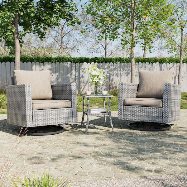 JOYESERY 3-Piece Gray Wicker Patio Bistro Set Swivel Rocking Chairs with Side Table, Linen Flax Beige