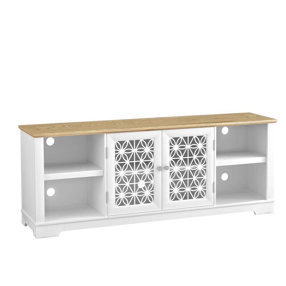 Grayish-White 70" TV Stand with Lattice Doors and Wood Top