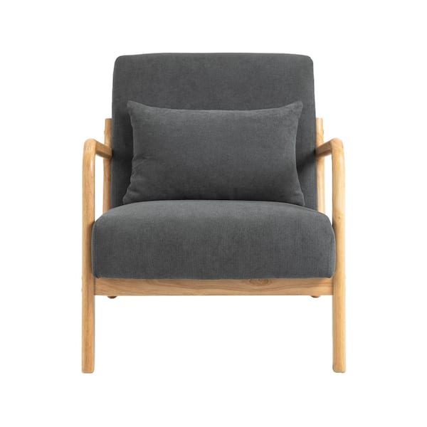 YOFE Mid-Century Modern Dark Gray Velvet Upholstered Accent Chair for Living Room, Wood Frame Armchair with Waist Cushion