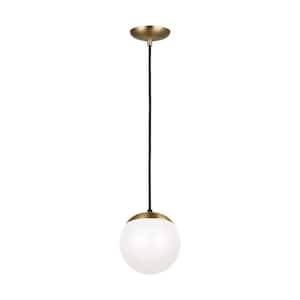 Leo Hanging Globe 8 in. 1-Light Satin Brass Pendant with Smooth White Glass Shade