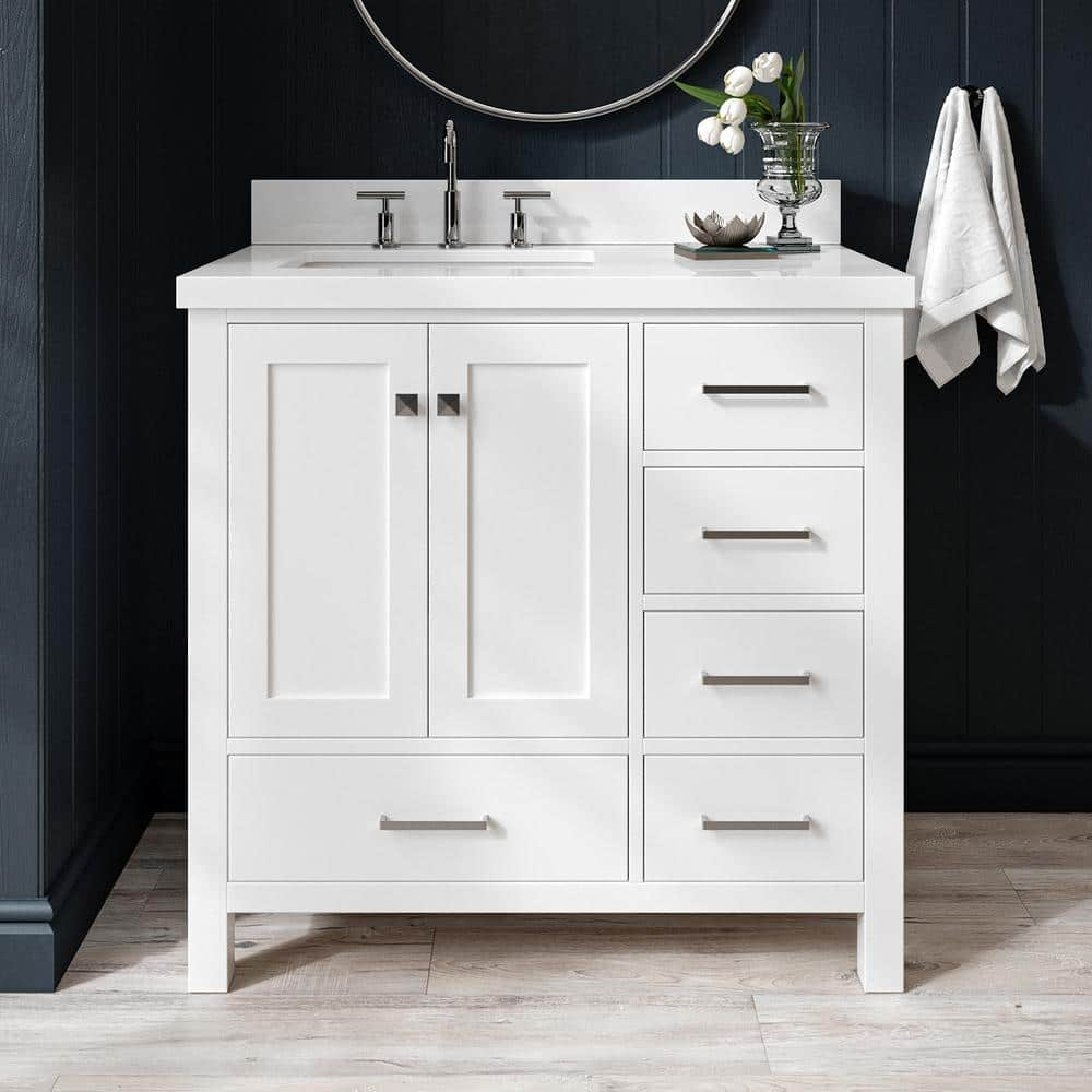 Cambridge 37 in. W x 22 in. D x 36 in. H Vanity in White with Pure White Quartz Top -  ARIEL, A037SLWQRVOWHT