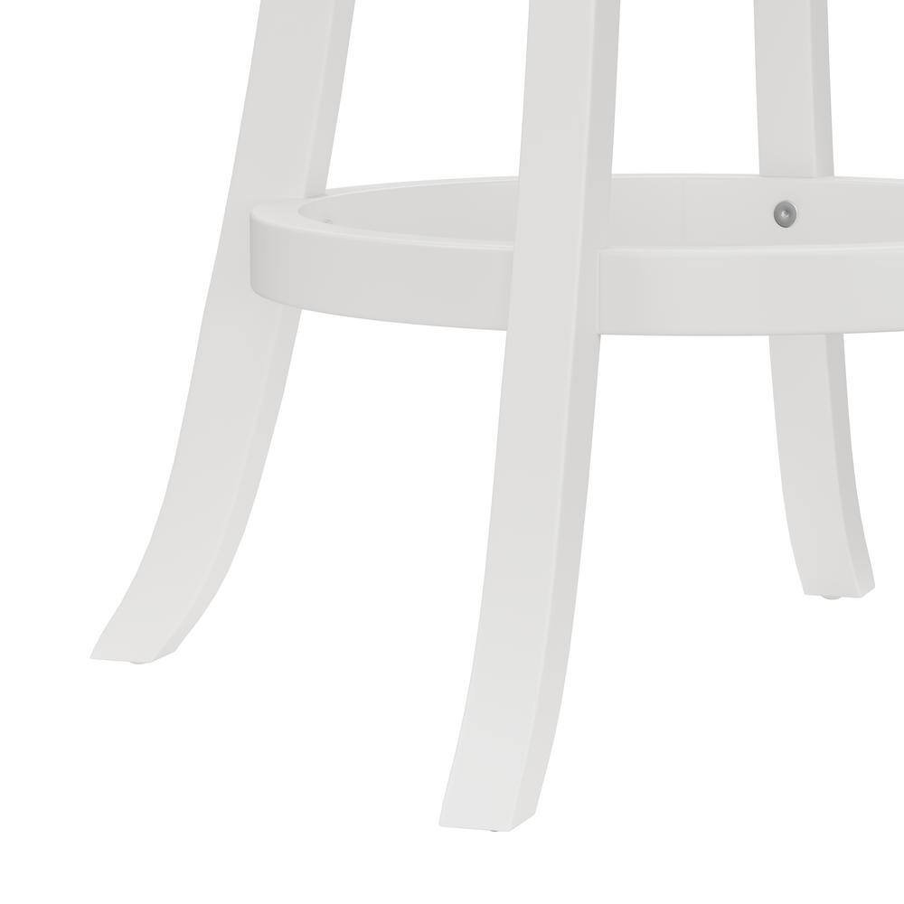 Elegant White Swivel Bar Stool with Beige Fabric Seat and Wood Accents