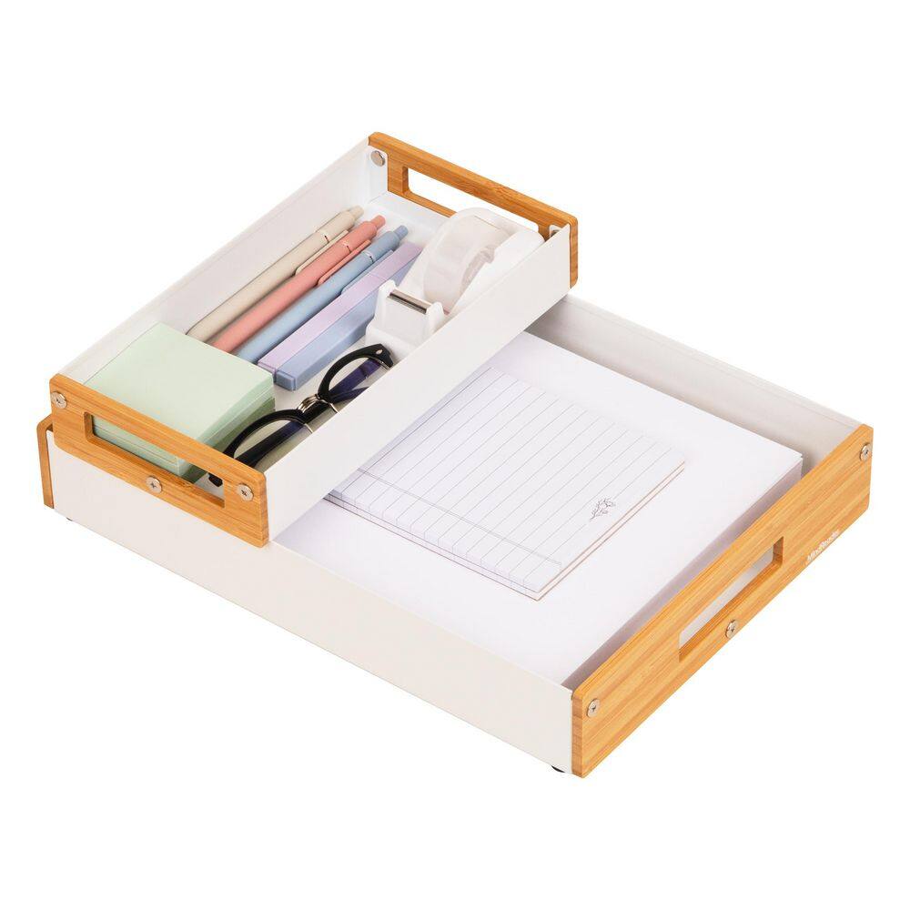 Metal and Wood Tiered Desktop Organizer Trays with Cutout Handles, Stackable Office Storage, Set of 2, White price history on PriceWatchPro