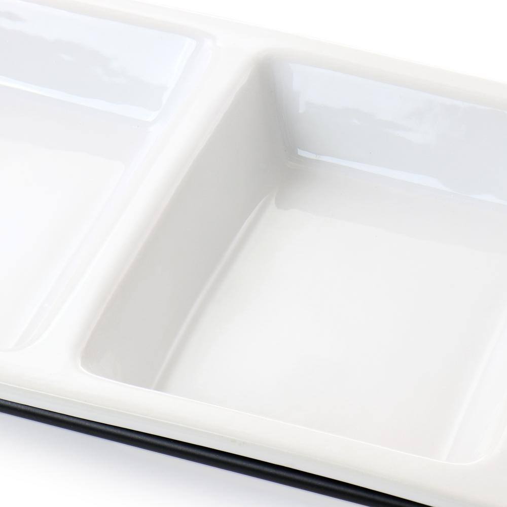 Modern White Porcelain 3-Section Rectangular Serving Tray with Metal Rack