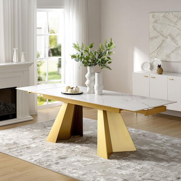 Lorenz Modern White Marble 94 in. Double Pedestal Extendable Dining Table Seats 6