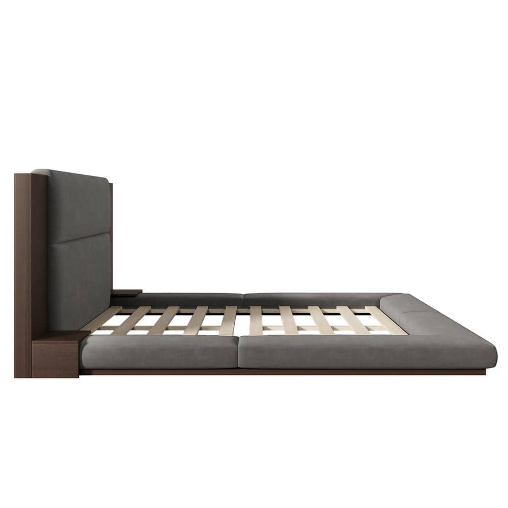 Gray Wood Frame King Size Velvet Upholstered Platform Bed Floor Bed with Extended Wood Headboard, Bedside Shelf - thumbnail 5