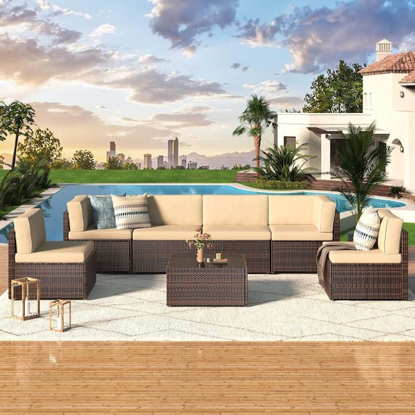 Brown 7-Piece Patio Rattan Wicker Sofa Set Outdoor Sectional Conversation Furniture Chair Set with Beige Cushion