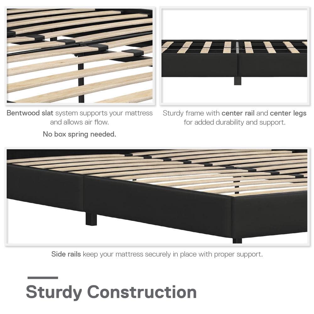 Full Black Faux Leather Upholstered Platform Bed with Tufted Headboard