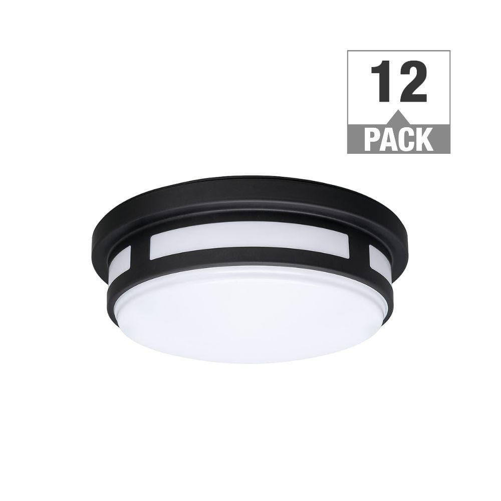 Hampton Bay 11 in. Round Black Indoor Outdoor LED Flush Mount Ceiling Light Adjustable CCT 830 Lumens Wet Rated (12-Pack)