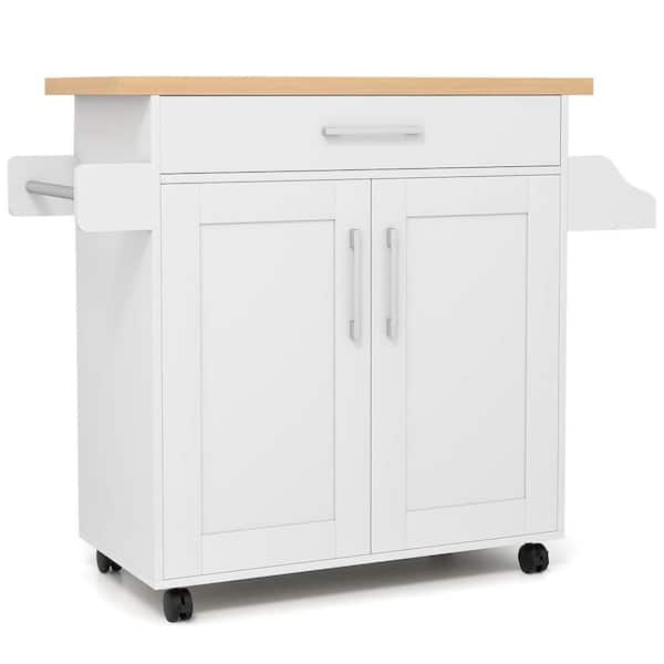 Rolling Kitchen White Island Cart Storage Cabinet with Towel and Spice Rack