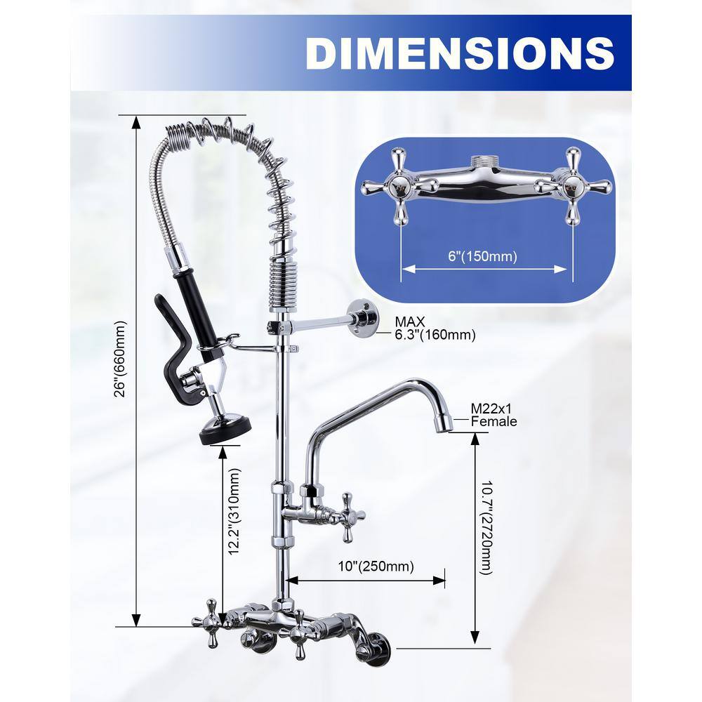 26-Inch Chrome Wall Mount Commercial Kitchen Faucet with Pull-Down Spray