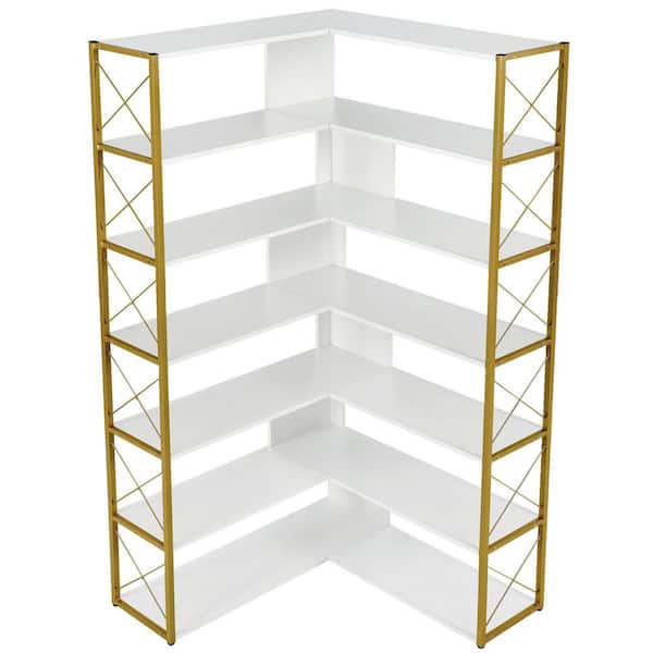 Angel Sar 37.40 in. Wide Golden and White Wood 7-Tier L-Shaped Bookcase, Corner Bookcase with Metal Frame